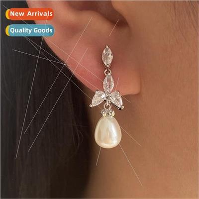 mple ultra-flash zirconia pearl earrings female daily weddin