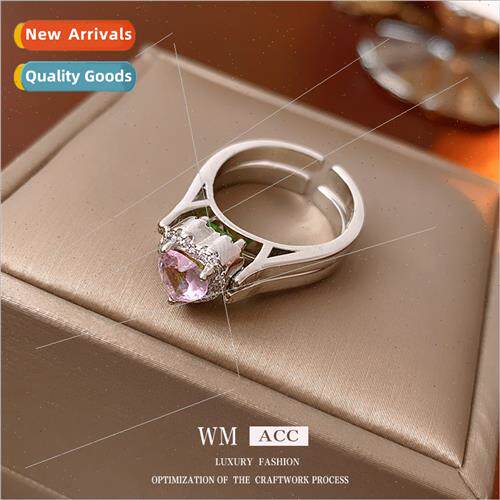 Zirconia Pink Heart Double Layer Geometric Ring Fashion Inde