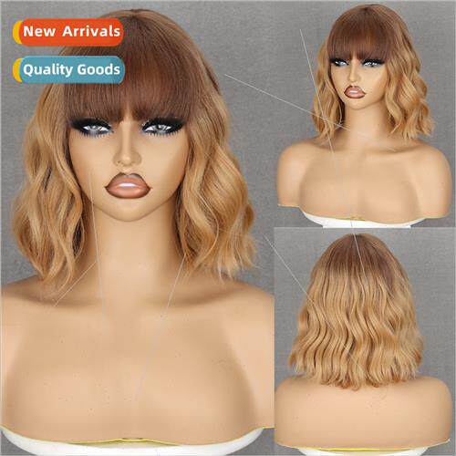 Europe wig women brown blonde bangs shoulder length wool cur
