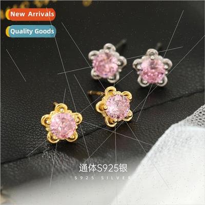 S925 silver sweet flower earrings niche girl heart pink zirc