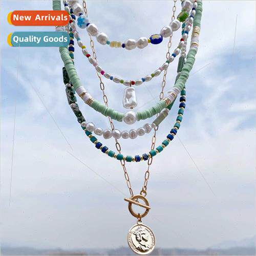 Europe agate beaded multi-layer stacked pearl necklace Spice