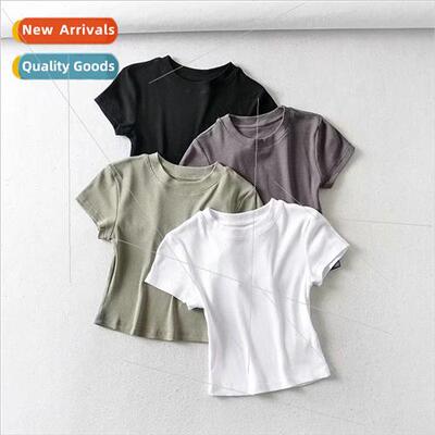 Spring Summer Short Threaded Slim T-Shirt Women Short Sleeve