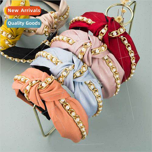 Europe new metal chain fabric knot Korean hair band pearl he