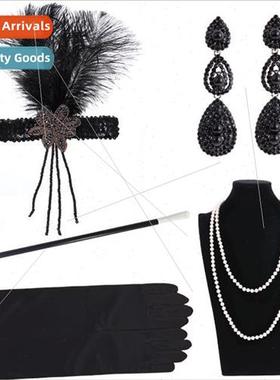 1920 Series Black Sequins Feather Hair Bands Banquet Headban