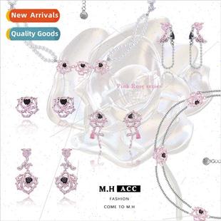 earrings female pin pink earring silver rose 925 New fashion