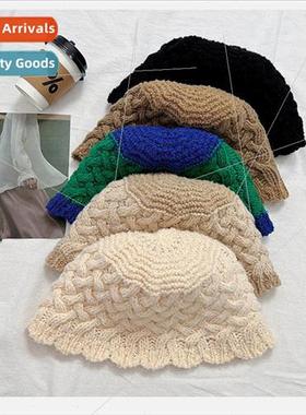 Japanese literary retro wavy edge knitted pot hat female fal