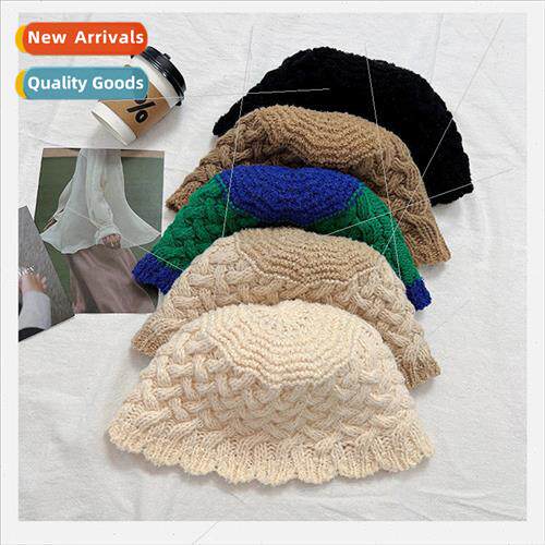 Japanese literary retro wavy edge knitted pot hat female fal