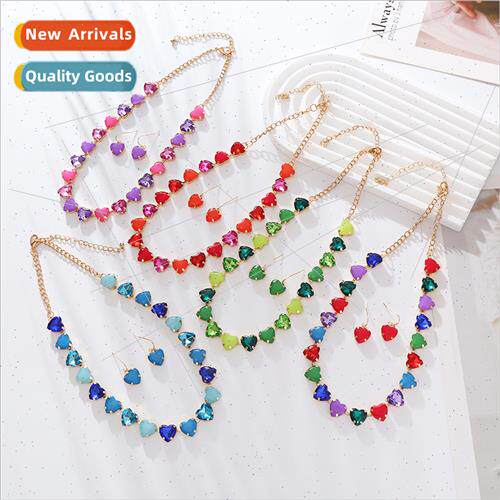 Europe new heart glass diamond necklace earrings set female