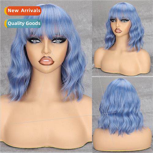 Europe wig women light blue bangs water wave shoulder length