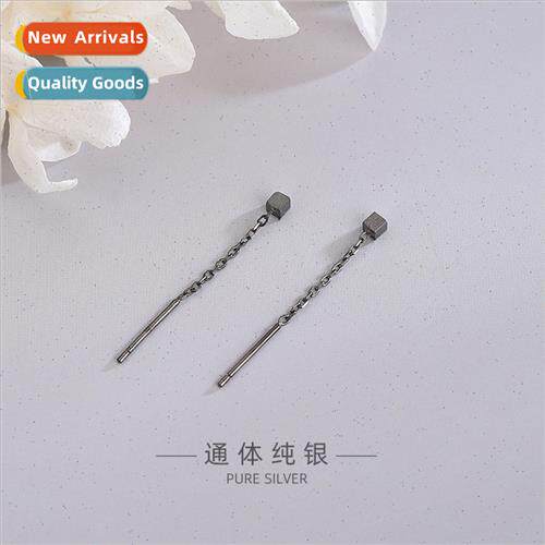 s925 silver Koreabrushed frosted sense small square ear wire