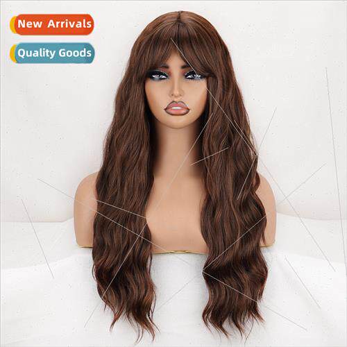 Europe women wigs light brown bangs long wool curls big wave