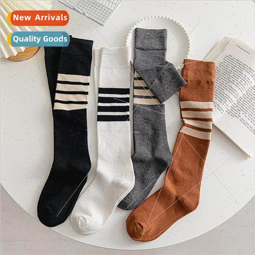 Calf socks womens high cotton black four bar thin leg half h