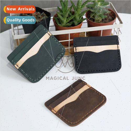 New Crazy Horse Leather Card Case Stching Colorblocking Vint