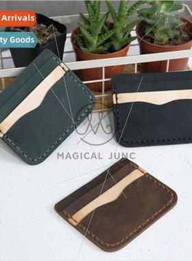 New Crazy Horse Leather Card Case Stching Colorblocking Vint