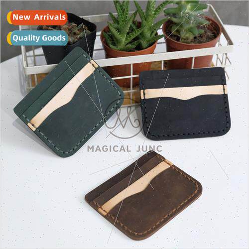 New Crazy Horse Leather Card Case Stching Colorblocking Vint