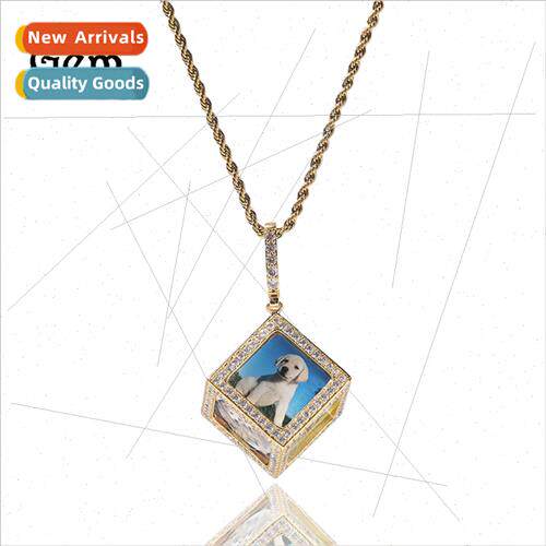 Hip Hop Square Photo Frame Pendant Necklace Set Zirconia DIY