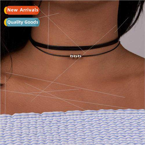 Europe Double Black Gothic Short Metal Textured Beads Neckla