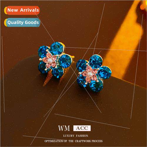 lver needle inlaid diamond blue flowers pearl earrings fine