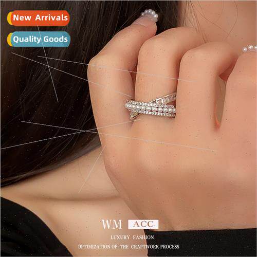 Zircon pearl cross hollow opening ring Korea fashion index f