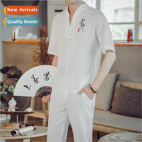 2022 summer new men casual su Chinese retro solid color embr