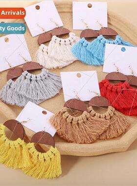 New wooden plates fan-shaped tassel ear hooks ethnic sense b