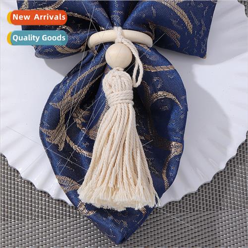 Rustic Beige Wooden Bead Tassel Napkin Ring Napkin Button Eu