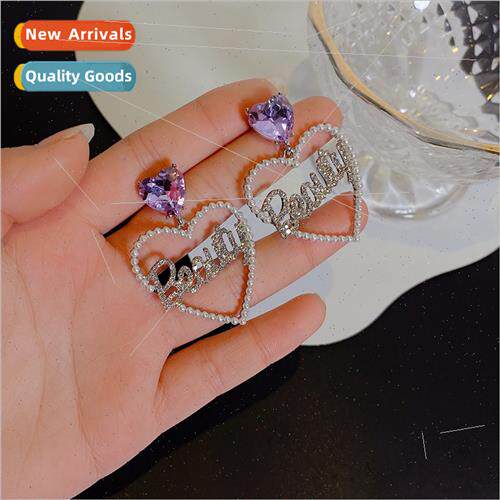 che purple diamond love heart pearl earrings peach heart ear