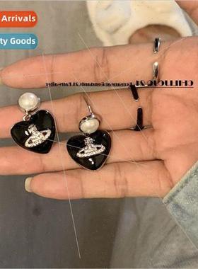 West Empress Black Peach wh Diamonds Saturn Pearl Stud Earri