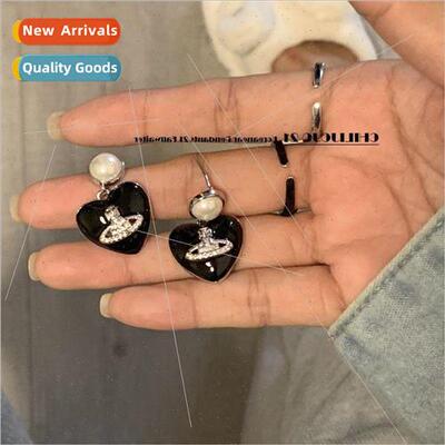 West Empress Black Peach wh Diamonds Saturn Pearl Stud Earri