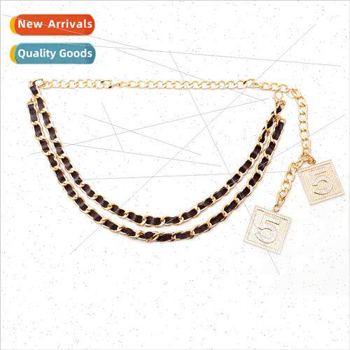 Fashion 5 Word Tag Waist Chain Braided Metal Belt mple Black