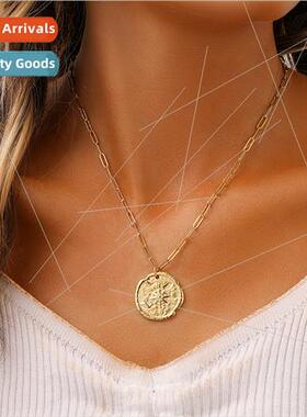 Europe round coin necklace women ins cool stainless steel go