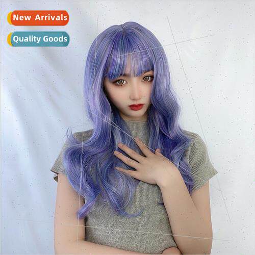 Anime wig female haze blue long curly hair air bangs high te