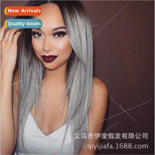 Europe Fashion Wigs Black Gradient lver Gray Wig Medium Hair
