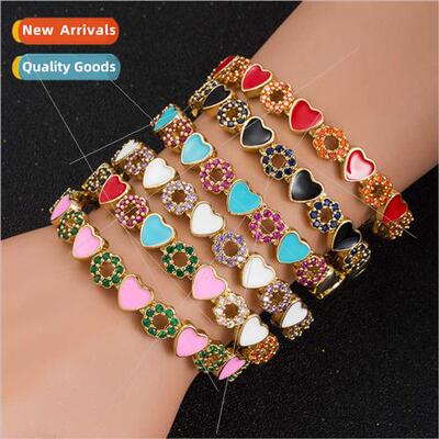Copper Zirconia Enameled Drip Oil Heart Shaped Bracelet Tenn
