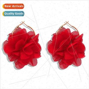 flower earrings multi Korea mesh fabric layer petals chiffon