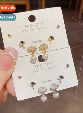 Fashion exquise ginkgo biloba pearl earrings combination ear
