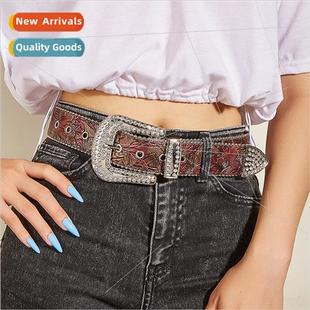 female ins wind Rhinestone decorated belt wide buckle