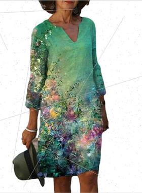 2023 Summer Colorful Printed Rendering Fashion V-Neck Mid-Sl