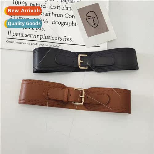 Women elastic waist seal square buckle pin buckle wide belt