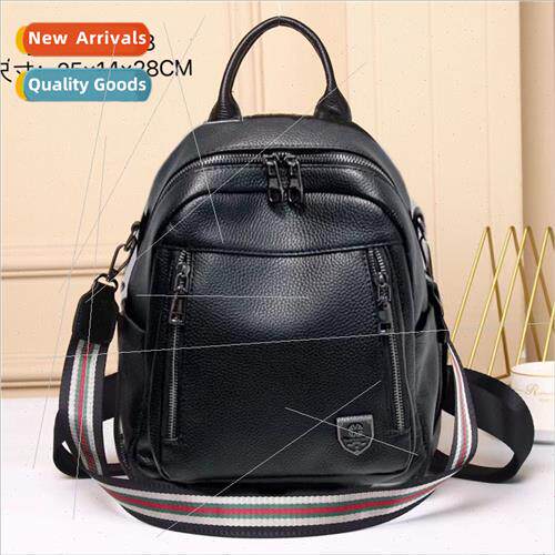 fashion leather backpack pure black multi-pocket practical c