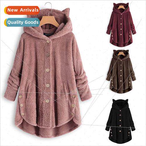 2019 Autumn Winter Button Hooded Cat Ears Plush Top Irregula