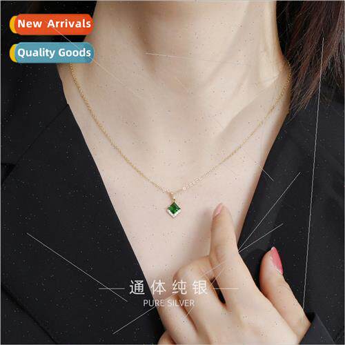 925 silver plated emerald square wh diamonds necklace female