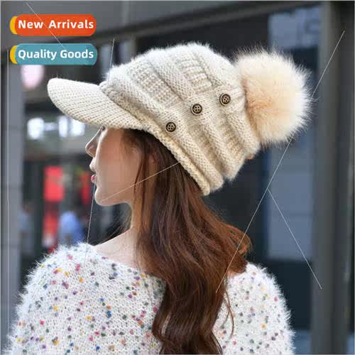 Korean  new women knted wool warm cap three buttons fashion