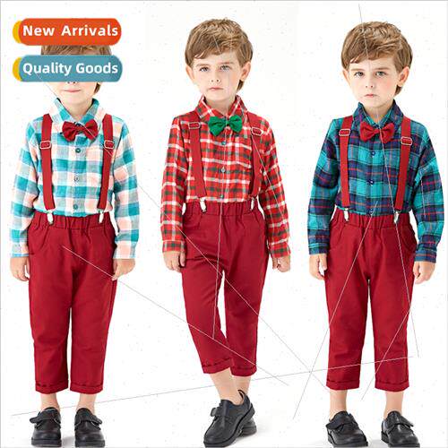 Fall childrens plaid long-sleeved lapel bow cotton cardigan