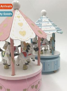 Large pure wood slice wooden music box sky cy carousel music