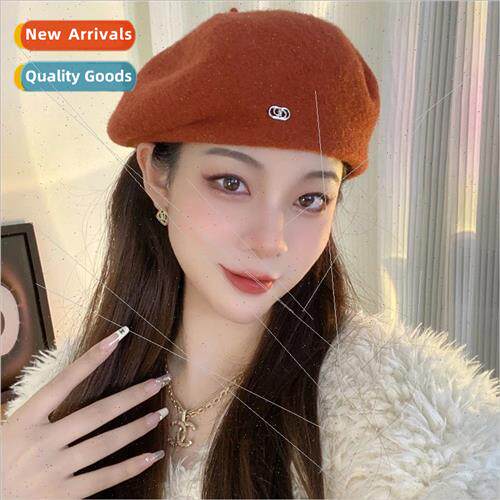 Wool tweed beret female solid color versatile show face smal