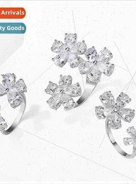Butterfly flower open ring women copper set AAA shiny zircon