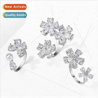 Butterfly flower open ring women copper set AAA shiny zircon