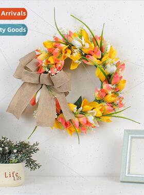 New Tulip Wreath Door Hanging Spring Holiday Bow Decoration