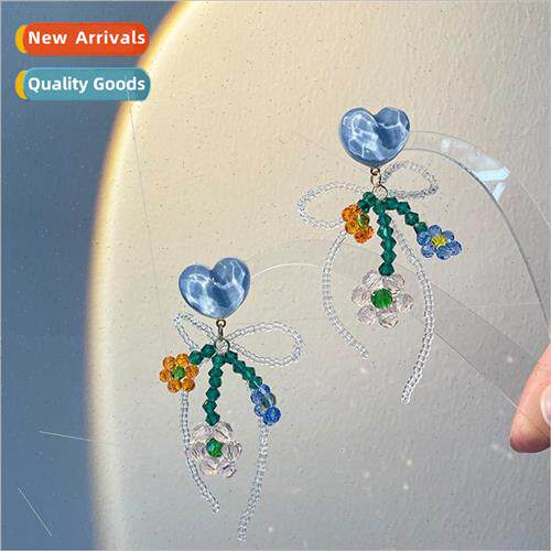 Sea Salt Orange Blue Beaded Crystal Flower Earrings Bowknot